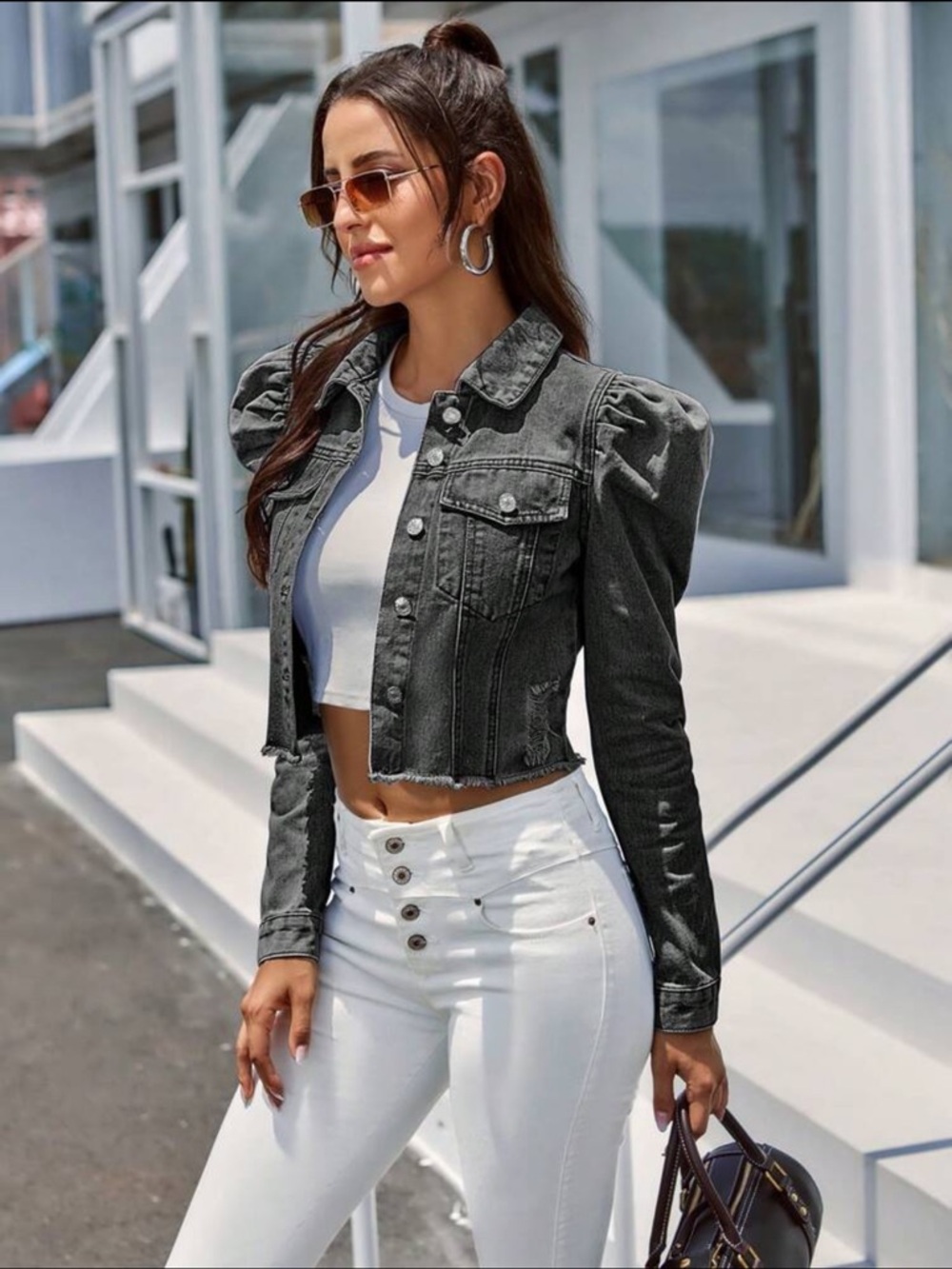 SHEIN Charcoal Gray Cropped Puff-Shoulder Denim Jacket